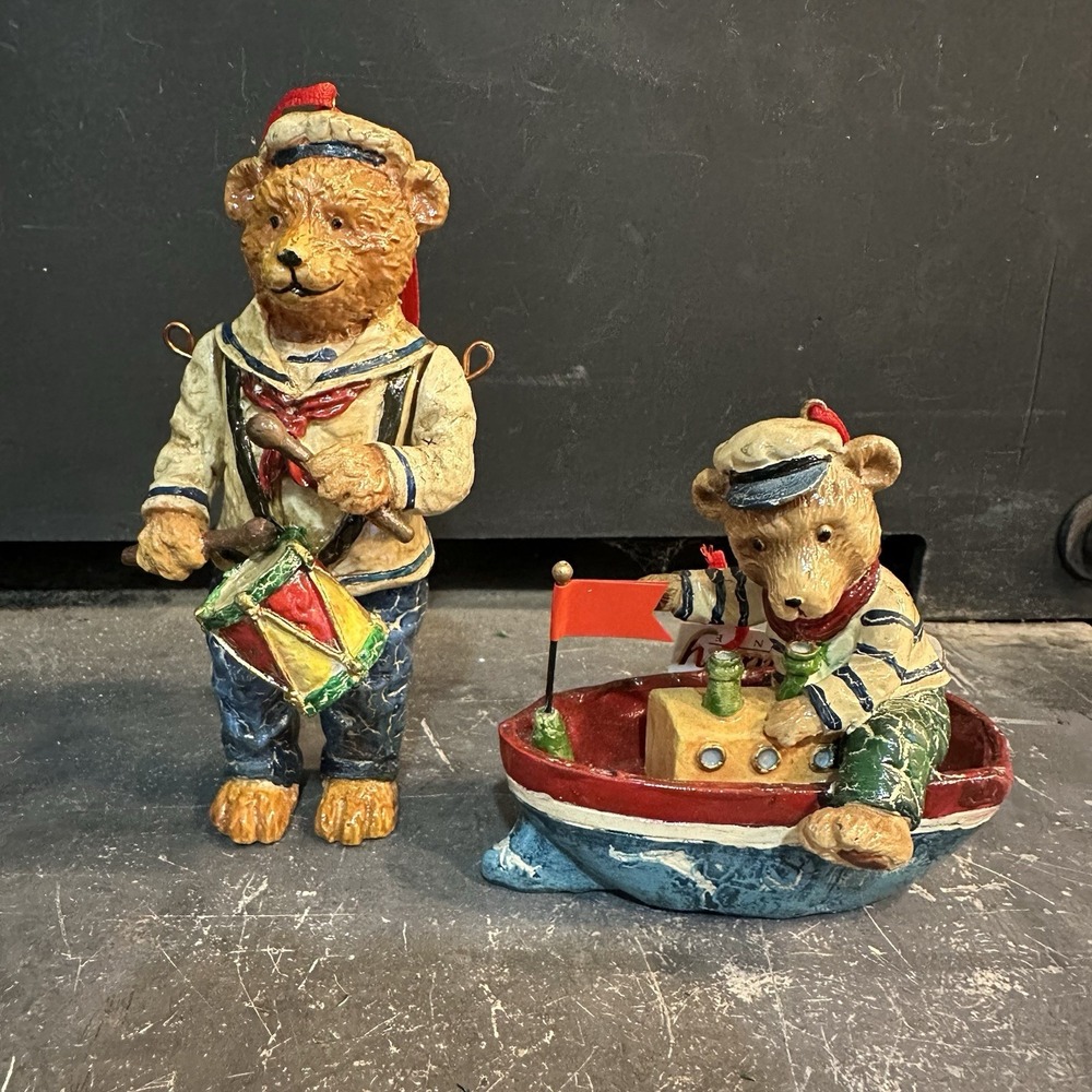 2 Vintage Bear Cub Boat Sailor Resin Country Rustic Christmas Tree Ornament